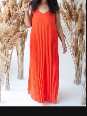 Decree Neon Coral Plisse Dress Large